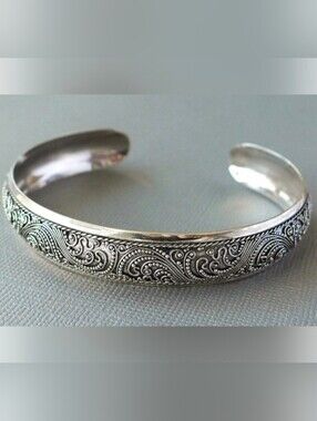 JACKIEDESIGN Bali Pure 925 Cuff Bracelet 7.25"  Intricate Curling Wave Pattern